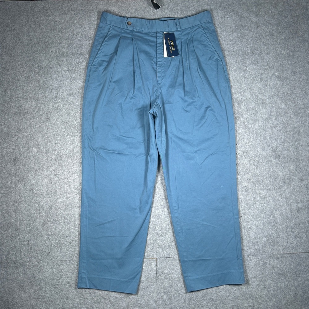 NWT Polo Ralph Lauren Trousers Womens 12 Blue Pleated Chino Cotton Stretch